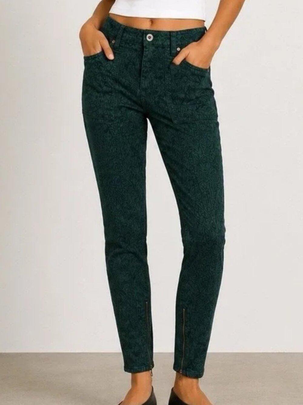 Pilcro and the Letterpress Green Jacquard Skinny Pants, size 26